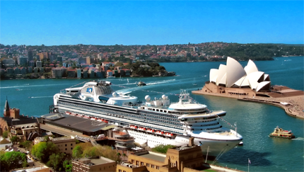 Cruise Ship in Sydney Harbor, Australia. The Sydney Opera House is also viewable.