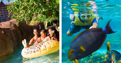 Disney Aulani Resort in Hawaii. A family on a lazy river and a child scuba diving.