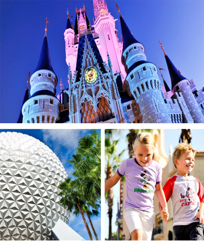 Disney World Castel, Epcot ball and young children laughing and playing