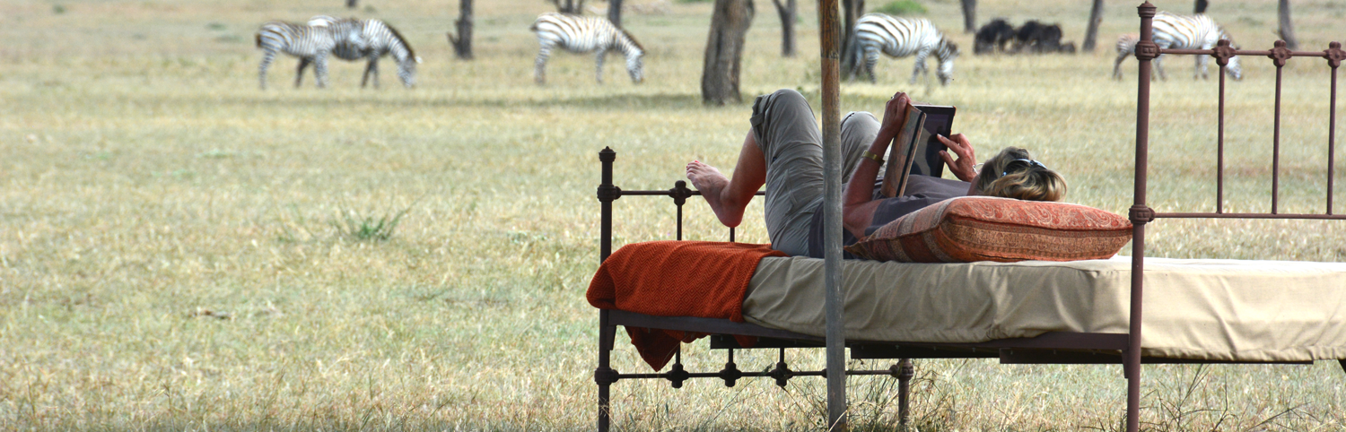 Woman laying down on a rodiron bed reading a book on the grassy plain with many zebra in the background in Tanzania in East Africa